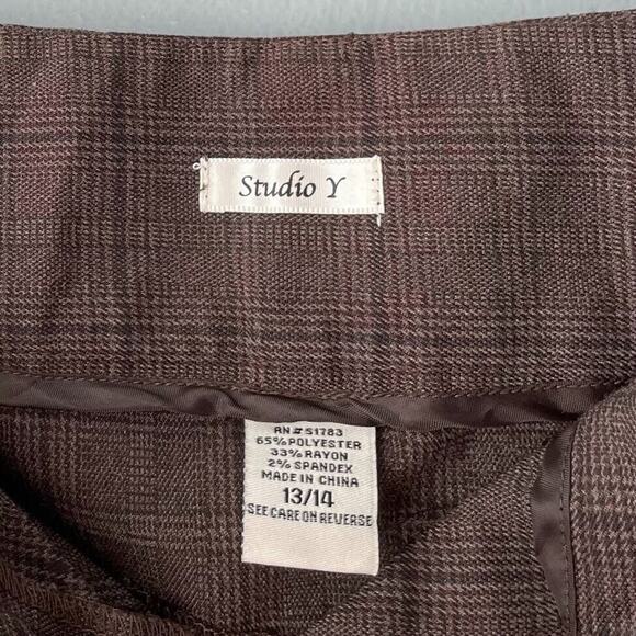 Studio Y Pencil Skirt Size 13 14 Belted Academia Brown Plaid Classic Preppy Twee - Picture 5 of 6